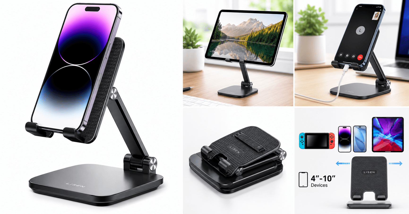 LISEN Adjustable Cell Phone Stand for Desk: A Sturdy, Flexible Holder for Phones and Small Tablets